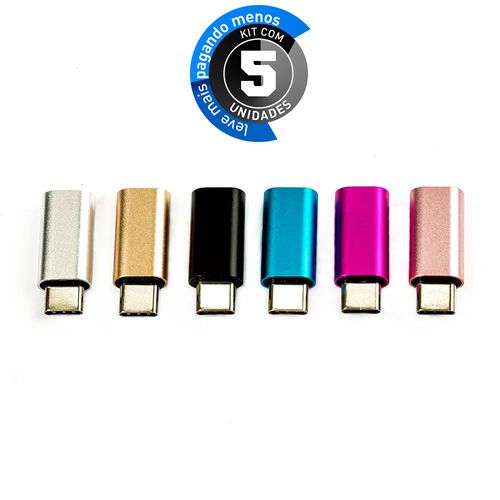 Kit com 5 Adaptador USB Tipo C Macho para iPhone Lightining Fêmea