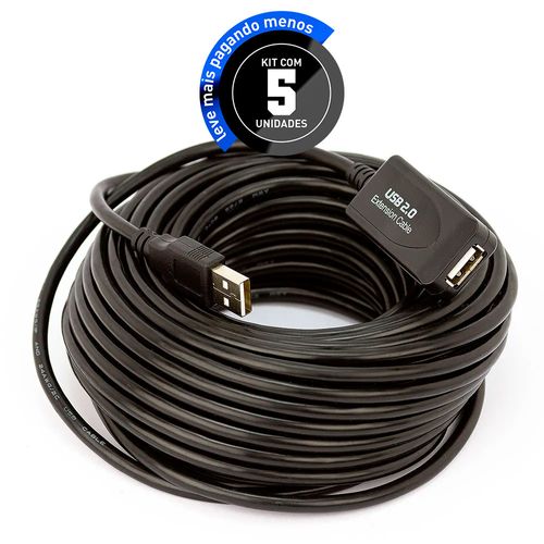 Kit com 5 Cabos Extensor Amplificado USB 2.0 10 metros