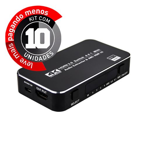 Kit 10 Switch HDMI 2.0, 4K, 4 Portas com Controle