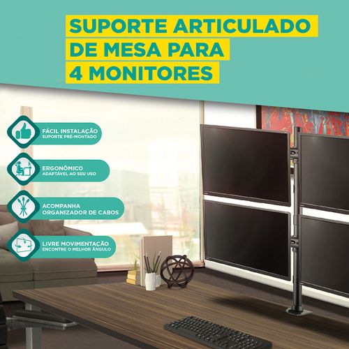 Suporte Articulado de Mesa para 4 Monitores de 15" à 27" Polegadas