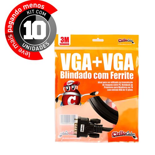 KIT COM 10 CABO VGA BLINDADO COM FERRITE, 3 METROS - CIRILO CABOS