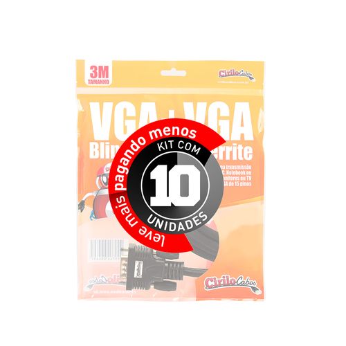 KIT COM 10 CABO VGA BLINDADO COM FERRITE, 3 METROS - CIRILO CABOS