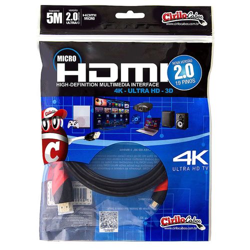 Kit com 5 Cabos MICRO HDMI para HDMI 2.0, Ultra HD, 4K, 3D, 5 metros