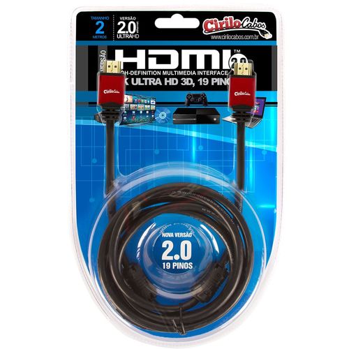 Cabo HDMI Versão 2.0, 19 Pinos, 4K, Ultra HD, 3D - 2 metros