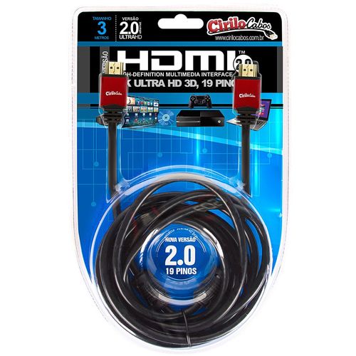 Cabo HDMI Versão 2.0, 19 Pinos, 4K, Ultra HD, 3D - 3 metros