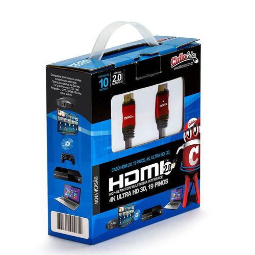 Cabo HDMI Versão 2.0, 19 Pinos, 4K, Ultra HD, 3D - 10 metros