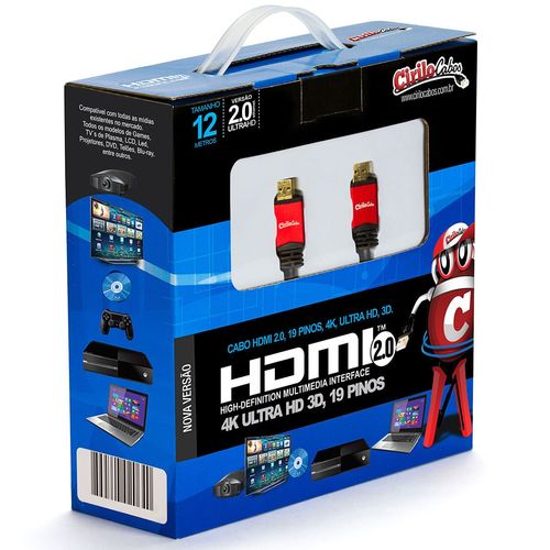 Cabo HDMI Versão 2.0, 19 Pinos, 4K, Ultra HD, 3D - 12 metros