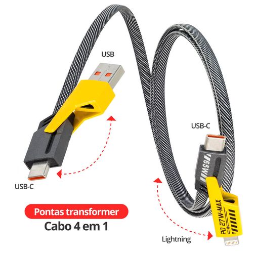 Cabo Turbo 4 em 1 - USB, USB-C e Lightning iPhone para Dados e Carregamento 65W - 1 Metro