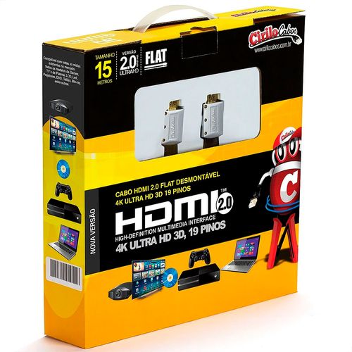 Kit 10 Cabos HDMI 2.0 Flat Desmontável,19 Pinos, 4K, Ultra HD, 3D, 15m