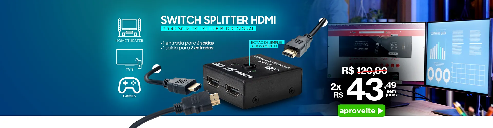 Switch Splitter Hdmi 2.0 4K 30Hz 2x1 1x2 Hub Bi-Direcional