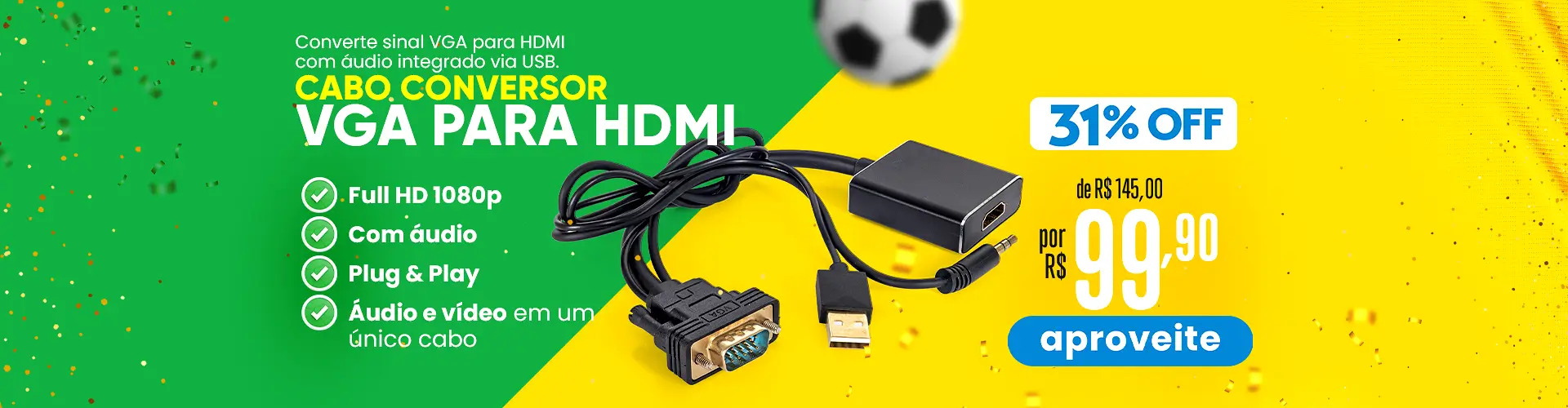 Converte sinal VGA para HDMI com áudio integrado via USB. Ideal para conectar computadores e notebooks antigos a TVs